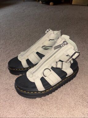 Dr. Martens White Leather Gladiator Zip Sandals with Black Sole